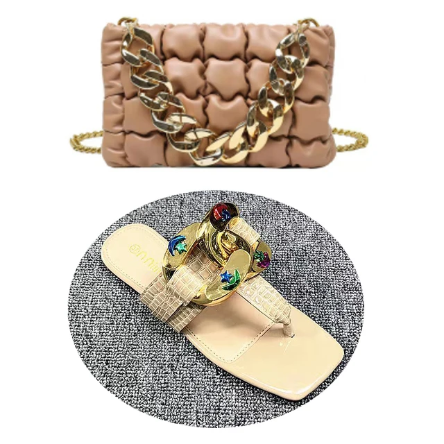 SD-2022 Luxury Glitter diamond beaded Metal buckle open toe leather slipper with shoulder bag set lady purse sandals outfits
