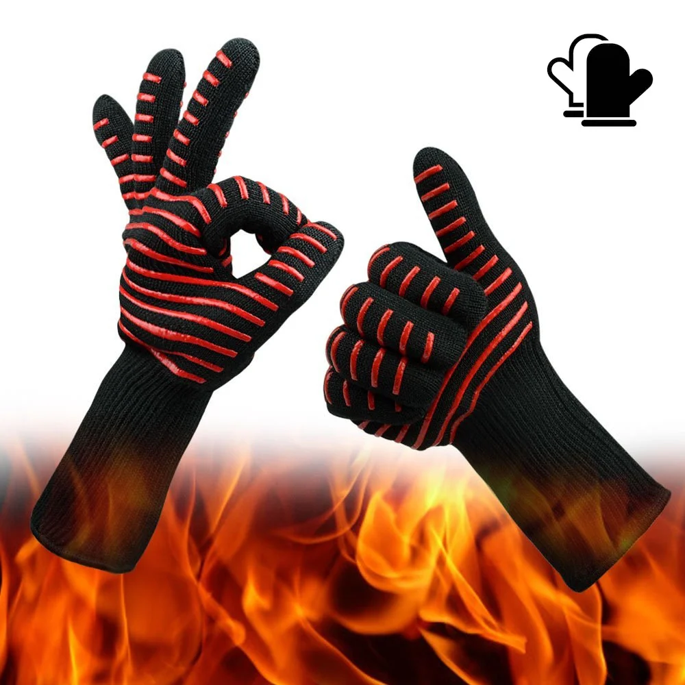 Extreme Heat Resistant Kitchen Cooking Gloves Non-slip Silicone Printed Black BBQ Grill Gloves For Household Kitchen Usage