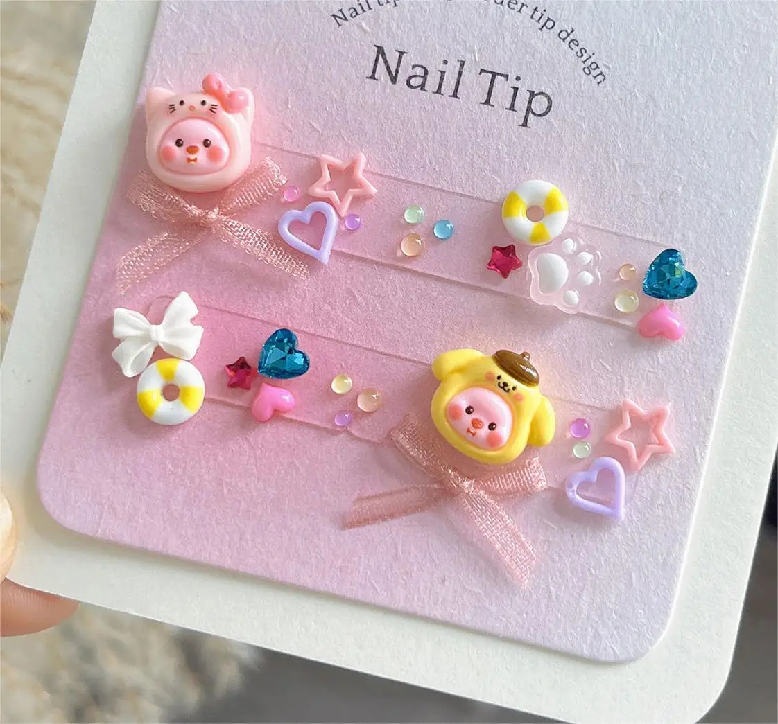 Resin Pink Flower Nail Charms Cute Cartoon Frog Bear Nail Art Decorations Accessories DIY Handmade Crafts