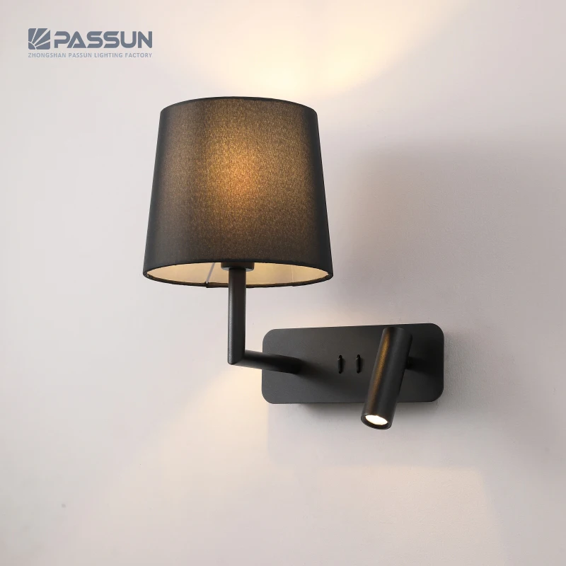 indoor bedroom lighting modern metal base fabric lamp shade two heads double switches LED reading wall light
