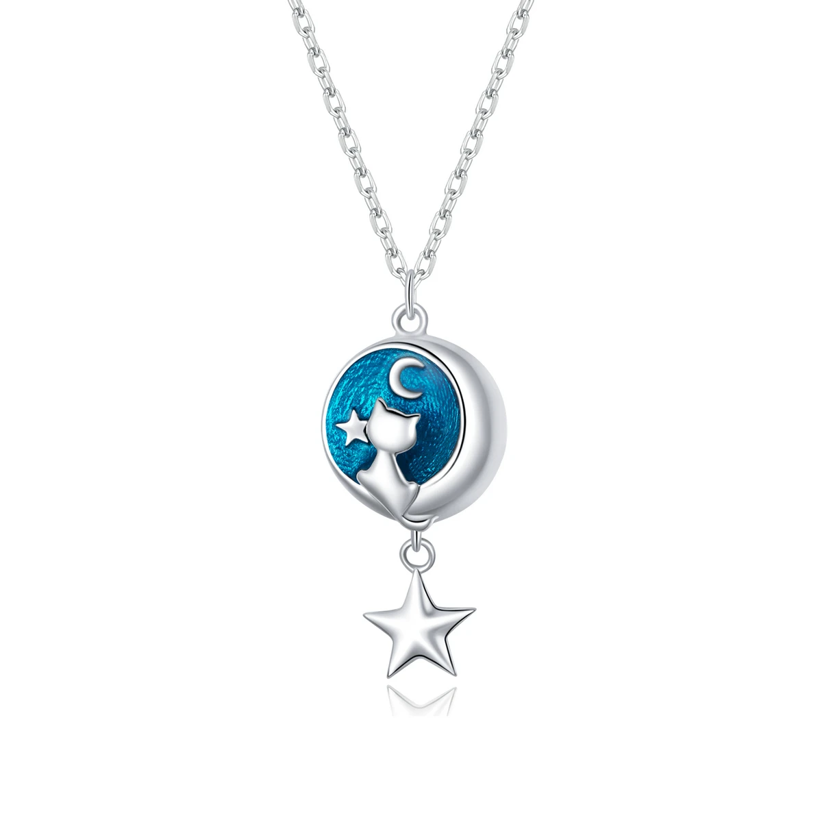 Enamel Jewelry Necklace 925 Sterling Silver White Gold Plated Celestial Stars Moon Pendant Cat Chain Necklace