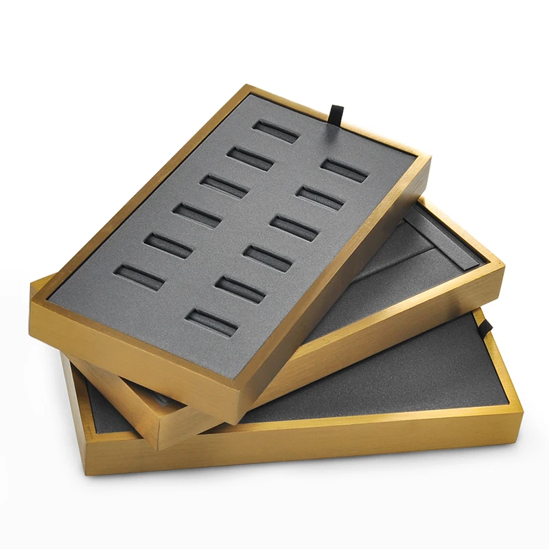 
New Arrivals Gold Metal display Ring trays with Grey Pu leather Insert Exhibitor shop showcase Ring Jewelry display Trays 