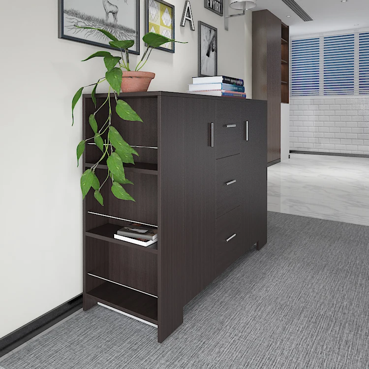 Modern Black Display Cabinet Sideboard Cupboard with 5 Drawers in Dining room bookshelves on both sides