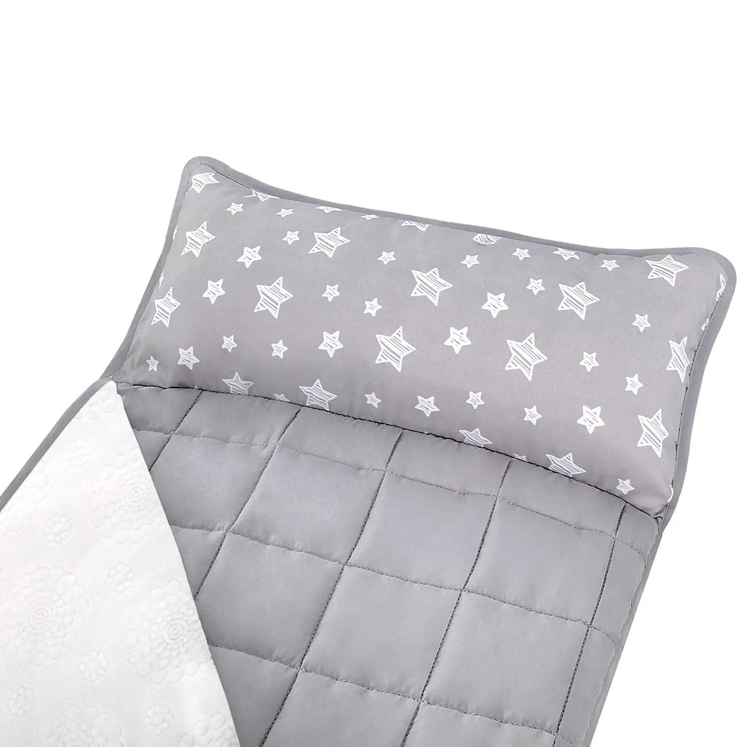 Toddler Nap Mat Gray/Stars With Removable Pillow and Fleece Minky Blanket,Lightweight Nap Mat for Girls, Travel Nap Mat for Boys