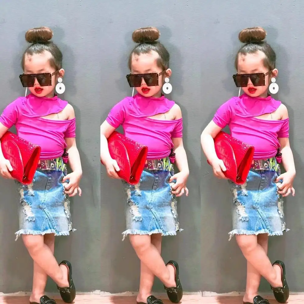 
Fashion Toddler Girl Modal cotton Off The Shoulder Summer Shirt Cute Girl Blue Black White Stylish Bottoming Shirt 