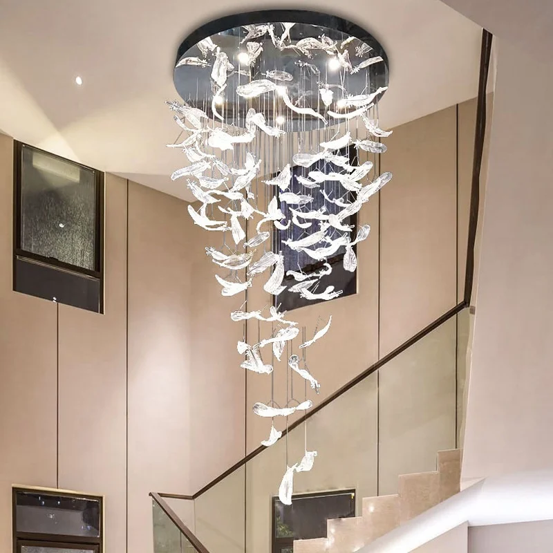 Hotel engineering lobby large feather art glass stair chandelier lamp