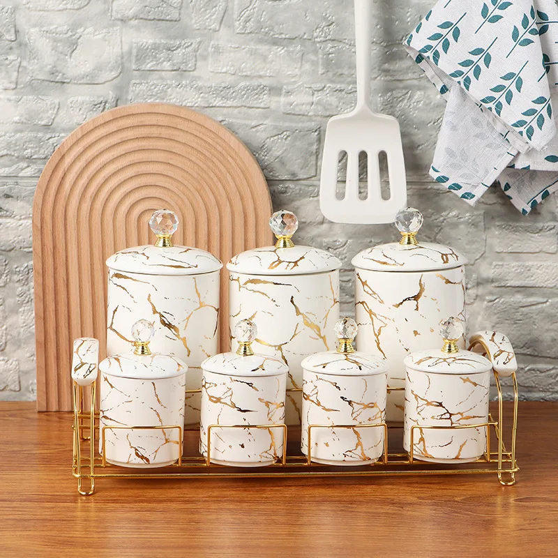 Marble Ceramic Spice Jars with Lid Porcelain Condiment Jars Set 7 Pcs Ceramic Seasoning Condiment Pots