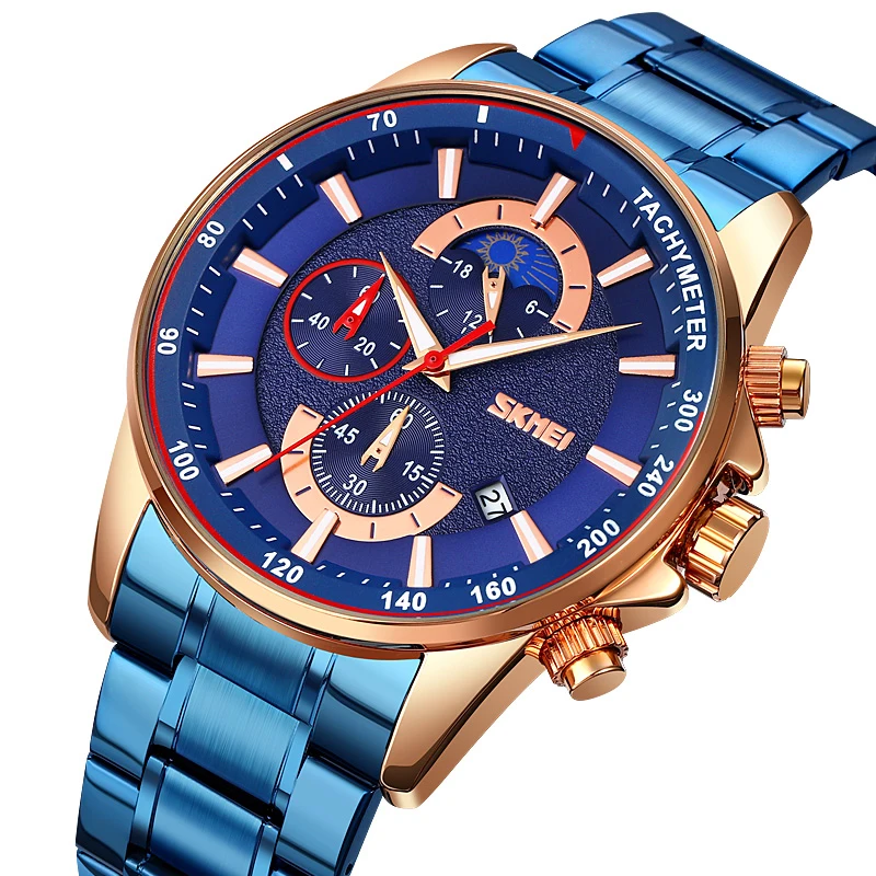 Skmei 9250 Fashion Business Men WristWatch Stainless Steel Strap Blue Quartz Waterproof Analog Watch For Men