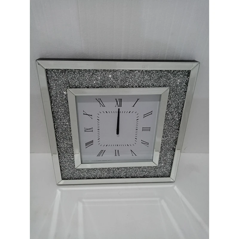 YGSZ0009 High quality customized glass wall clock with wholesale price glass crushed crystal  mirrored wall clock