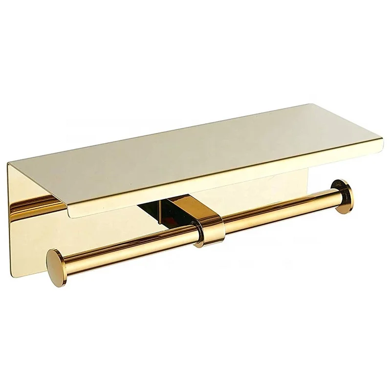 304 Stainless Steel Wall Mounted Gold Plated Paper Toilet Holder With Mobile Phone Shelf