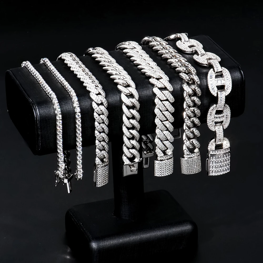 HipHop Bracelet 925 Sterling Silver 10MM  width iced Out FL clarity  Moissanite Cuban  bracelet Chain For Men