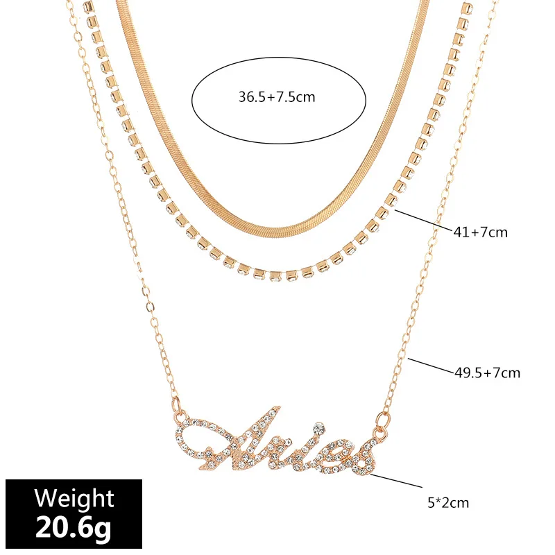 Personalised 12 Horoscope Dainty Women Stainless Steel Multi Layer Zircon Zodiac Sign Necklace Gold Plated Snake Chain Necklace