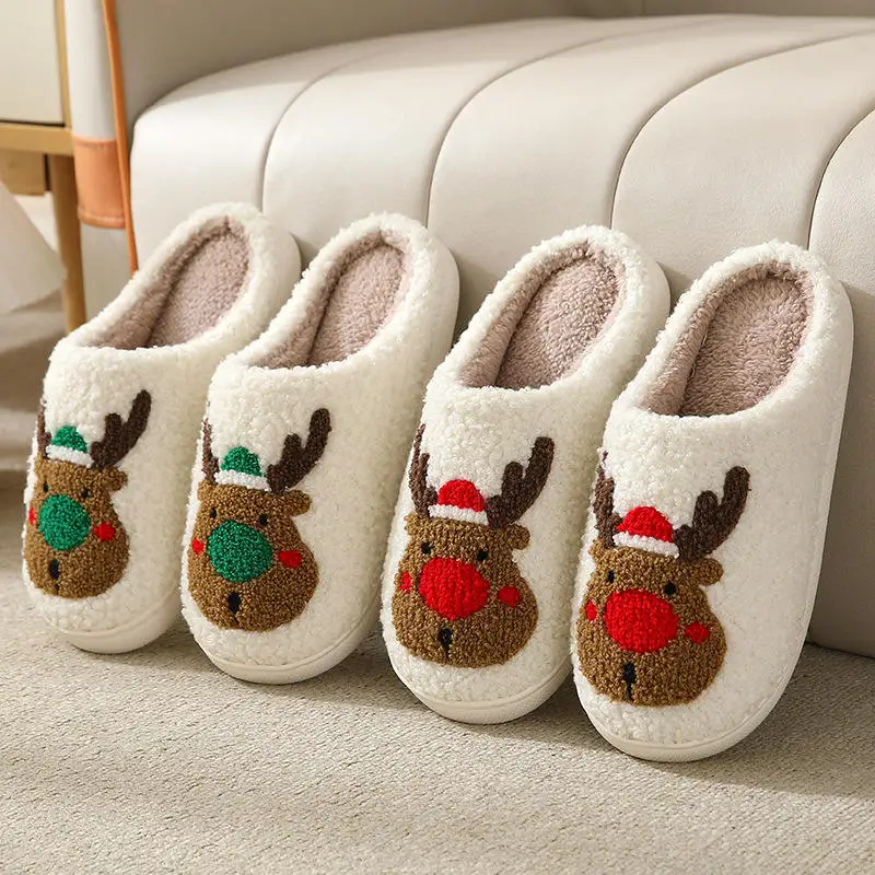 Christmas  Halloween Custom Printed Logo Cartoon Slippers Fall Winter Thicken Indoor Home Plush Fuzzy Slippers Smile Face