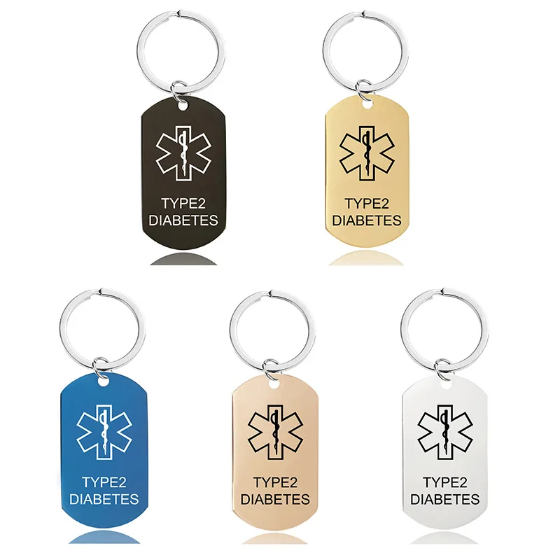 Stainless Steel Caduceus Medical Alert Symbol ID Dog Tag Type 1 Type 2 Diabetes Epilepsy Blood Thinner Awareness Key Chain