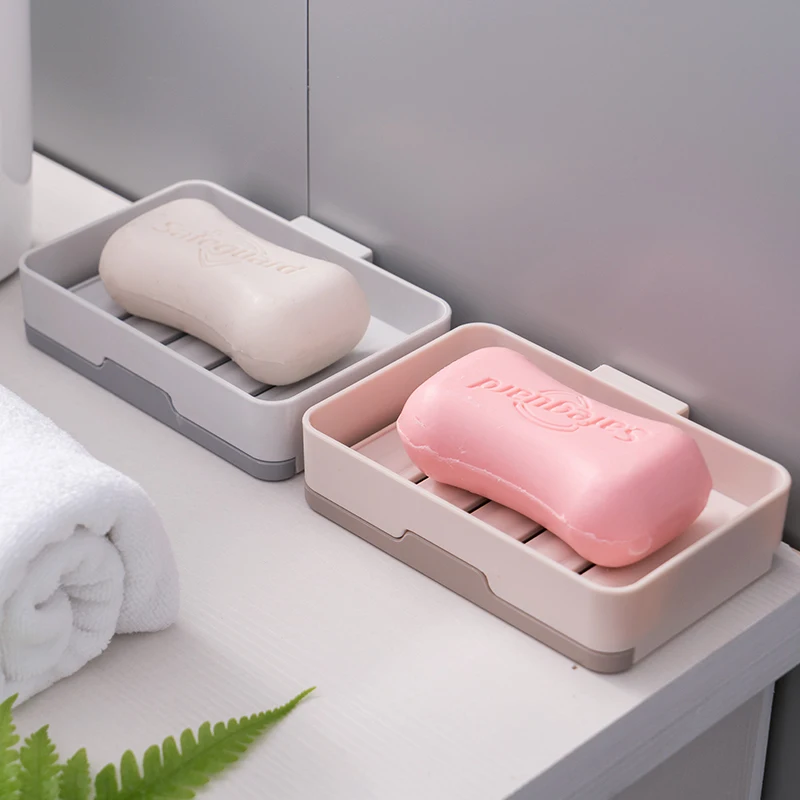 Bathroom punch free wall mounted double layer sponge drain rack dish plastic soap holder