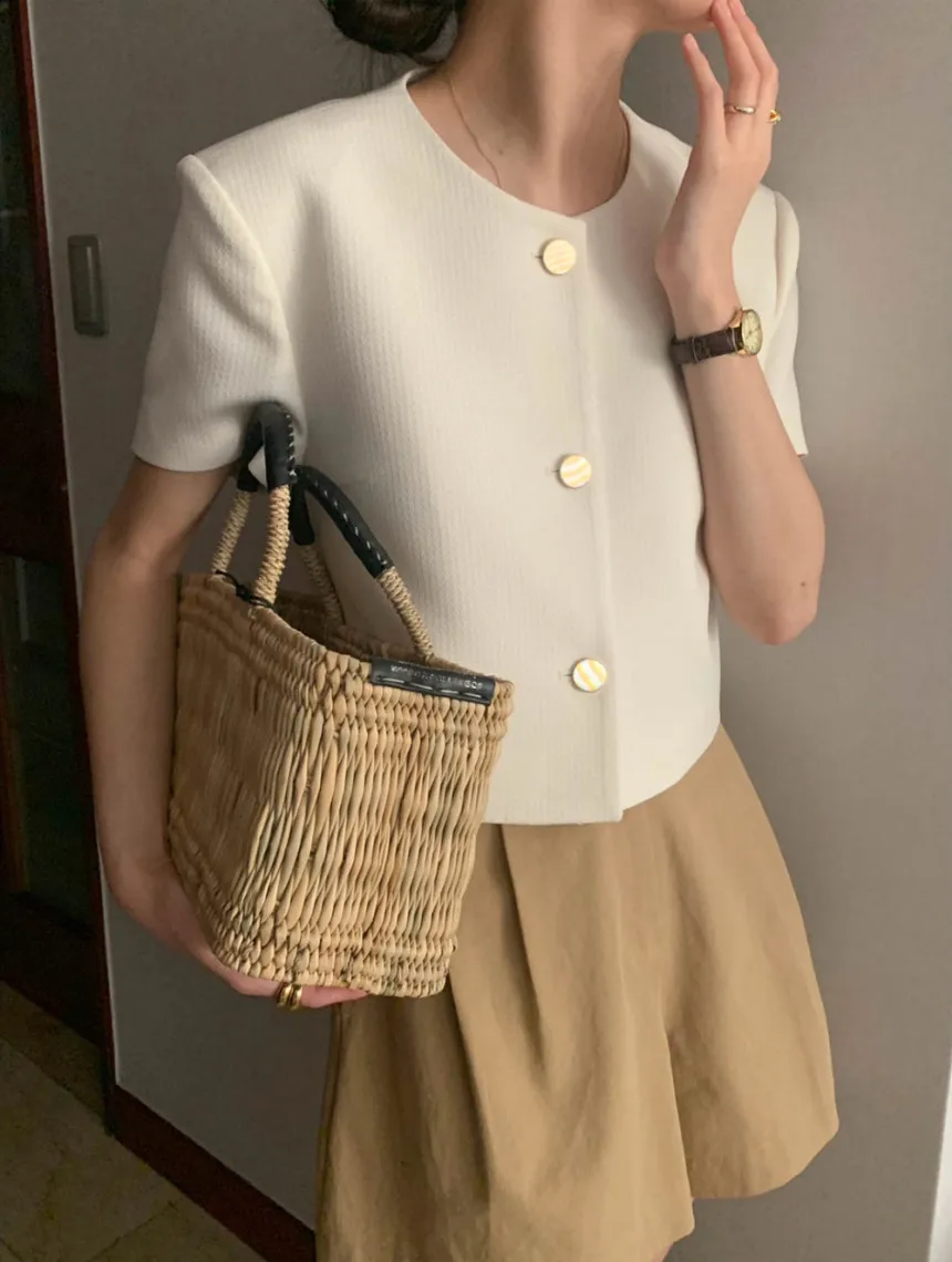 L080  New 2023 Korean Chic Solid Color Short Sleeve O Neck Elegant Short Sleeve Jacket Coat Clothing 5