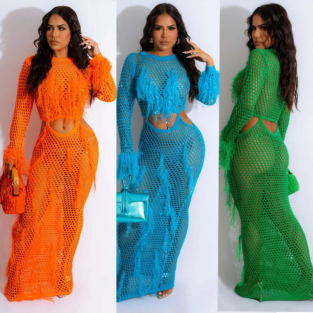 GX8691 Fashion Street Party Wear Boutique Long Sleeve Knitted Hollow Beach Dresses Tassel Sequin See Through Crochet Long Dress