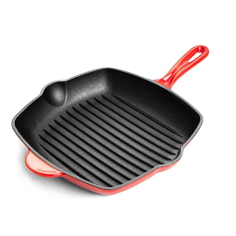 Nonstick Square Cast Iron Skillet Grilling Pan, Enameled Cast Iron Skillet Steak Pan with Side Drip Spout