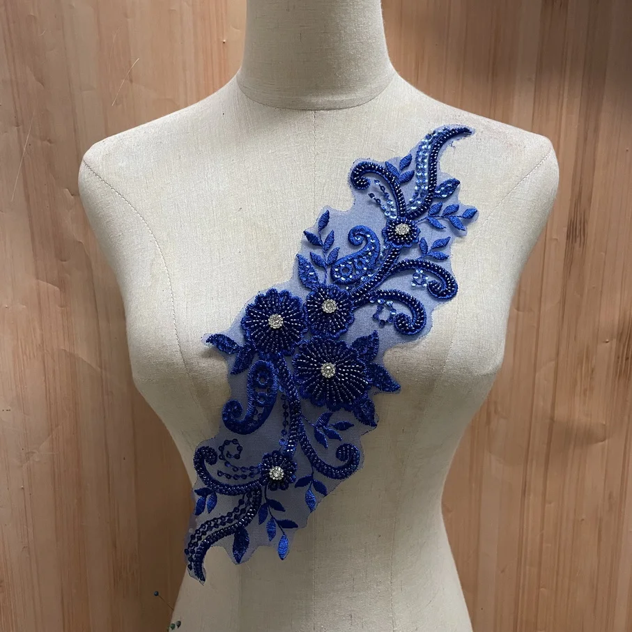 Royal Blue Lace Applique Embroidery Lace Patch with Beads Sequin for Bridal Couture Dress Veil Embellishment Craft