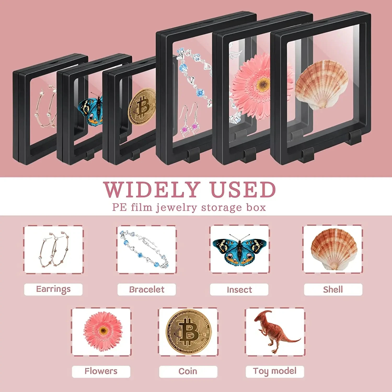 9*9cm 3D Floating Frame Display Case PE Film Suspension Box for Earrings Bracelet Necklace Jewelry Lipstick Medal Sample Storage