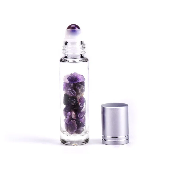 10ml Essential Oil Roller Bottles For Eye Care Amethyst Roller Ball Glass Bottle with Crystal Chips
