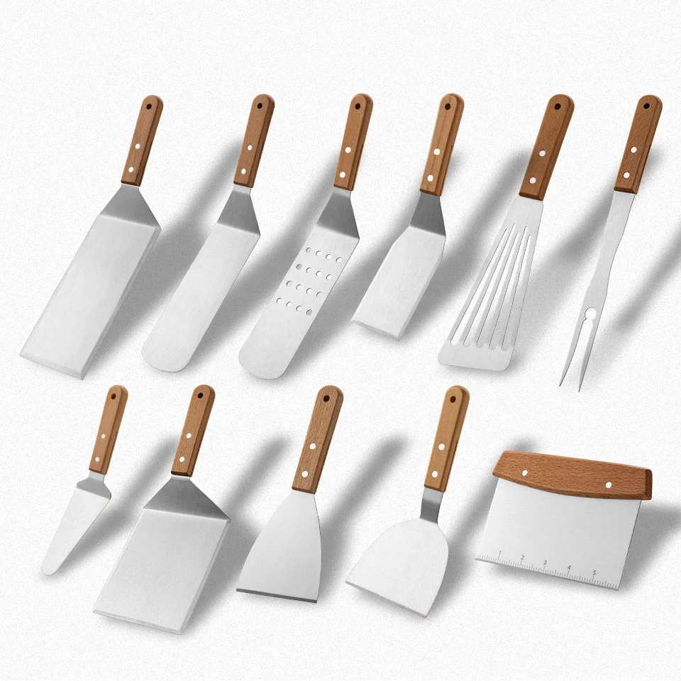 YJ Wonderful Custom Barbecue Stainless Steel Griddle Spatula Hamburger Tool Kit BBQ Steak Grilling Tool  With Wooden Handle