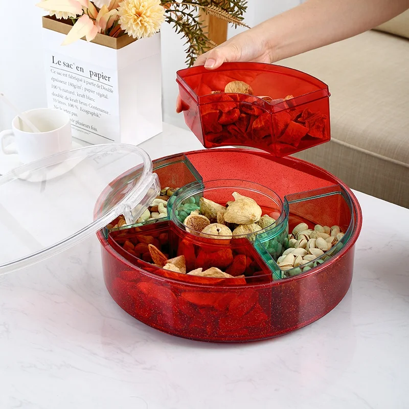 Food-grade durable desktop containers snack nut fruit home party use plastic divided snack storage box with lid