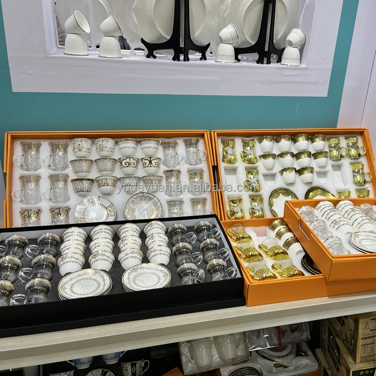 Fine Porcelain Ceramic Wholesale 18pcs&36pcs Gold Plated Coffee Tea Set Turkish Coffee Cups Saudi Arabic Glass Cup And Saucer