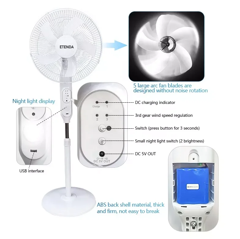 16 inch portable fan rechargeable with three wind Powered Outdoor 12 Inch 16 Inch Glade Ceiling Fan Solar Fan Outdoor Portable