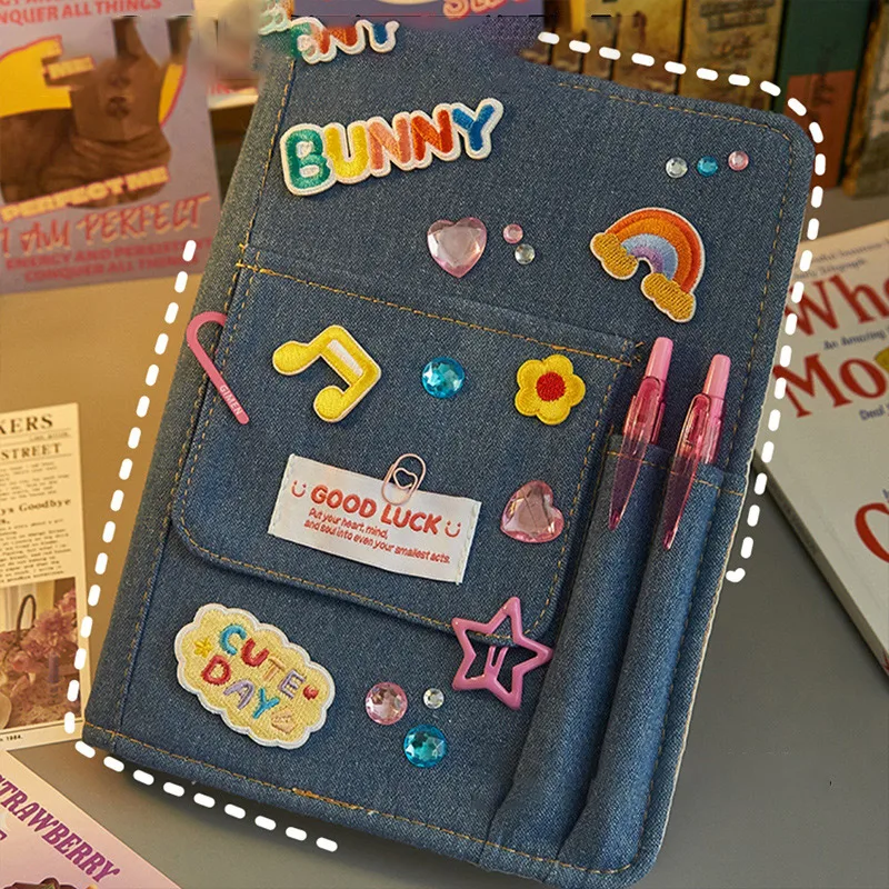 LABON Cloth y2k Diy Cover Denim Girls Retro Style Notebook Cute Diary Cloth 6 Ring Binder