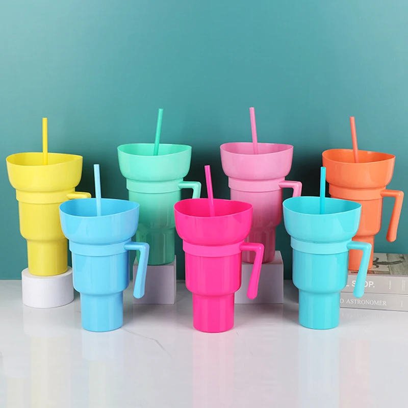 New Bright Colors Customized Logo 2 in 1 Handle 32oz Stadium Tumbler Snack Juice Popcorn Plastic Cup with Bowl for Snacks