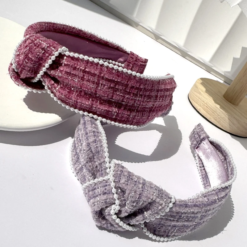 Vintage Winter Elegant Women Knotted Headband French Retro White Pearl Bow hairband Wide Knot Woolen Cloth hairhoop