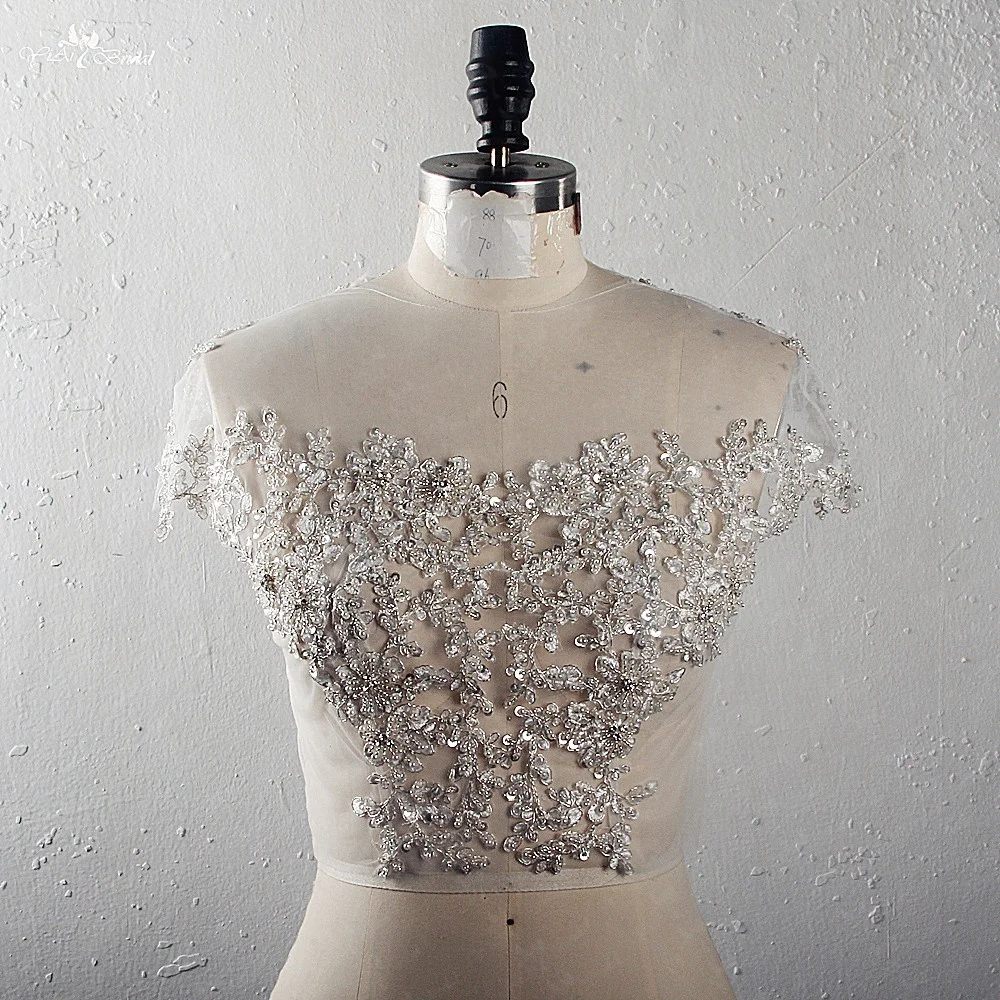 RSJ155 Ivory Tulle Silver Crystal Beaded Lace Appliques O Neckline Wedding Bolero Wedding Jackets / Wrap