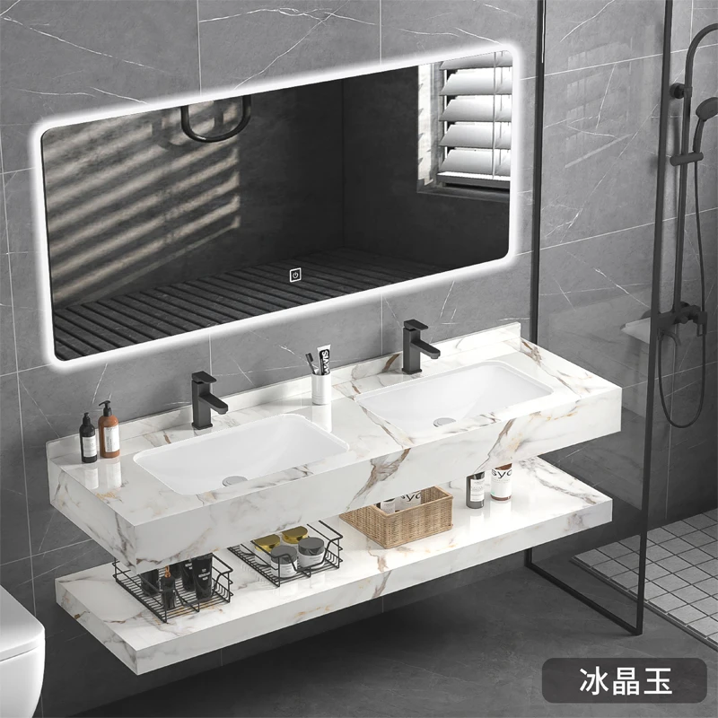 New marble bathroom vanity with LED mirror  rock slate bathroom vanity cabinet with ceramic basin and towel shelf