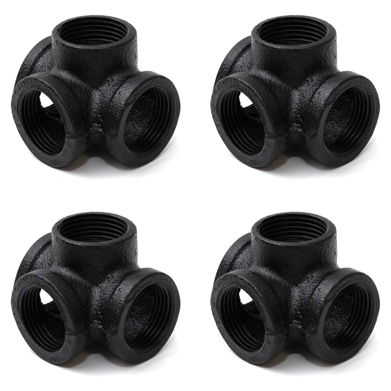 Black 4-Way Side Outlet Tee Home 4-Way Corner Cast Black Malleable Iron Pipe Fitting For Industrial Furniture DIY Decoration
