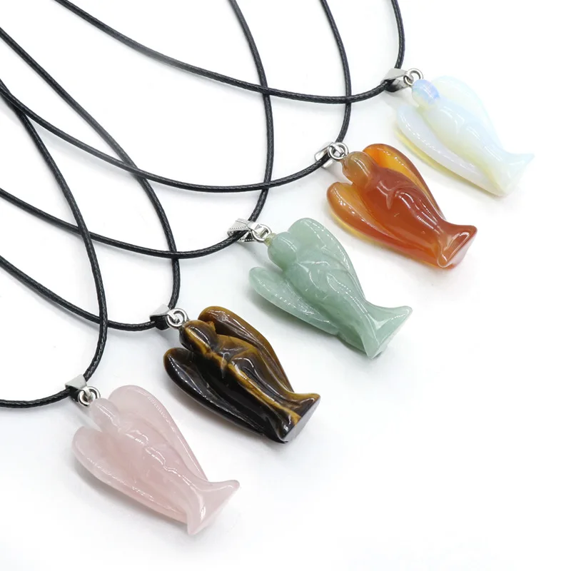 Wholesale natural crystal agate jade raw stone polished guardian angel carved jewelry leather rope pendant necklace