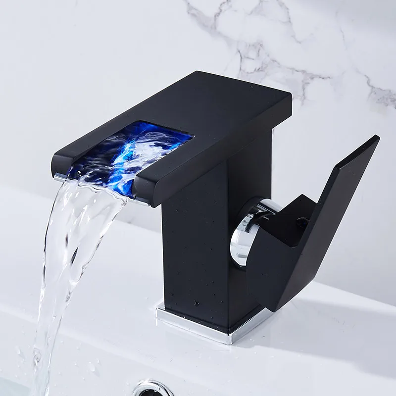 2021 Hot Sale Bathroom Washbasin Led Light Luminous Waterfall Tap Black Brass Body Countertop Hot And Cold Water Faucet