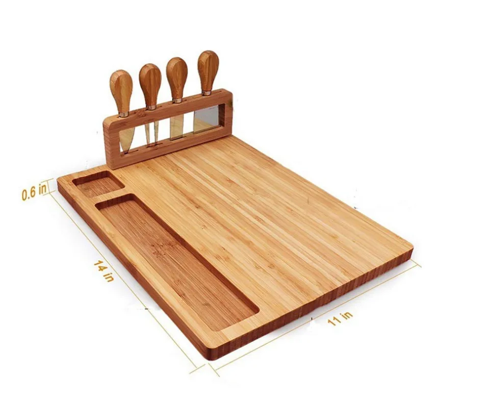 Kitchen Bamboo Cheese Board with Drawer Cheese Slate 4 Stainless Steel Knives Cracker Platter Cheese Cutting Board Sets