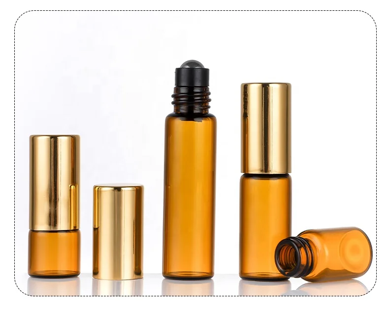 Hotsale 10ml Slim Roll On Glass Perfume Bottle 1ml 2ml 3ml 5ml 10ml Amber Glass Roll On Bottle With Gold Aluminum Cap