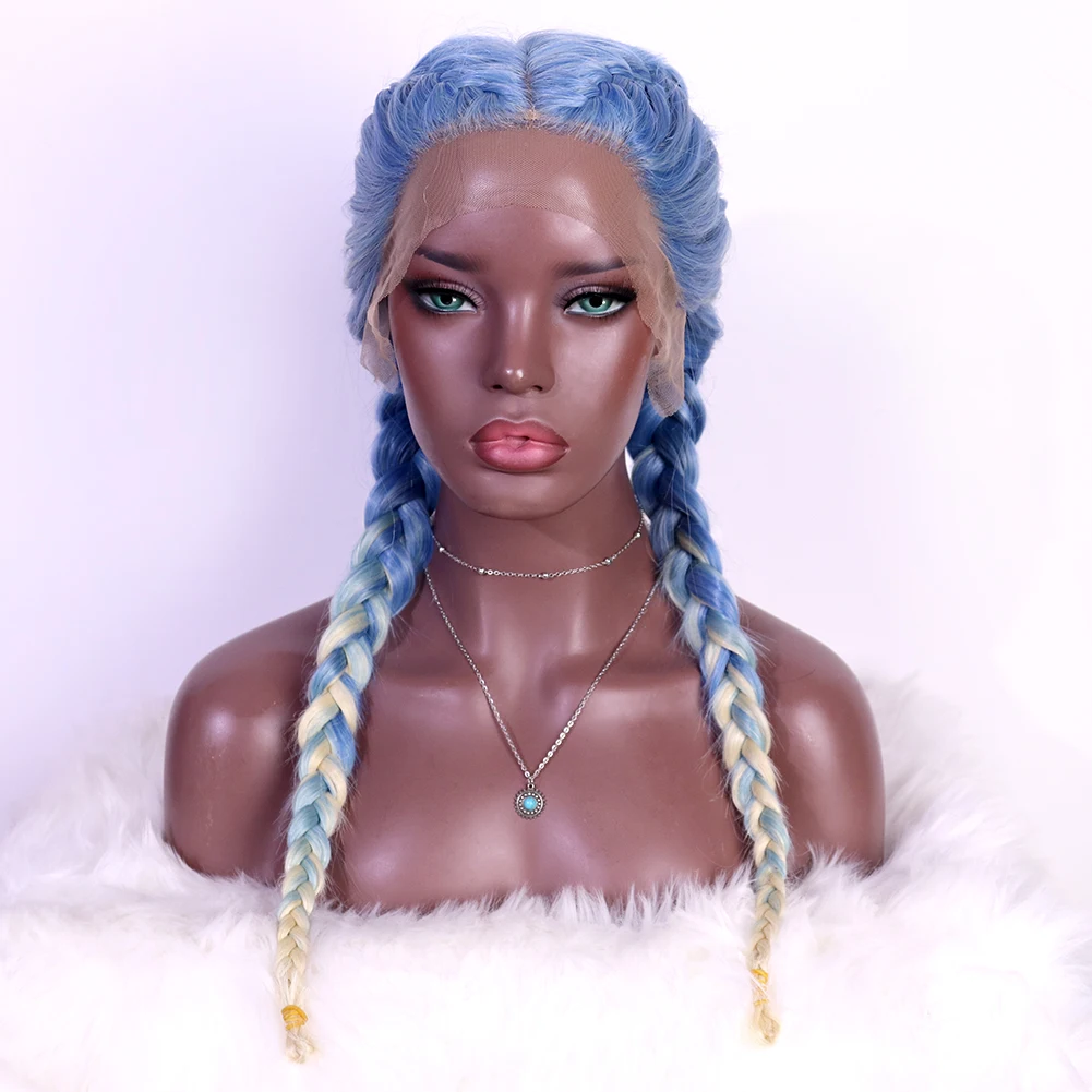 
Light Blue Ombre Blonde Double Braided Wigs Middle Part Synthetic Lace Front Wig Heat Resistant Colored Hair Wig Amazon Hot Sale 