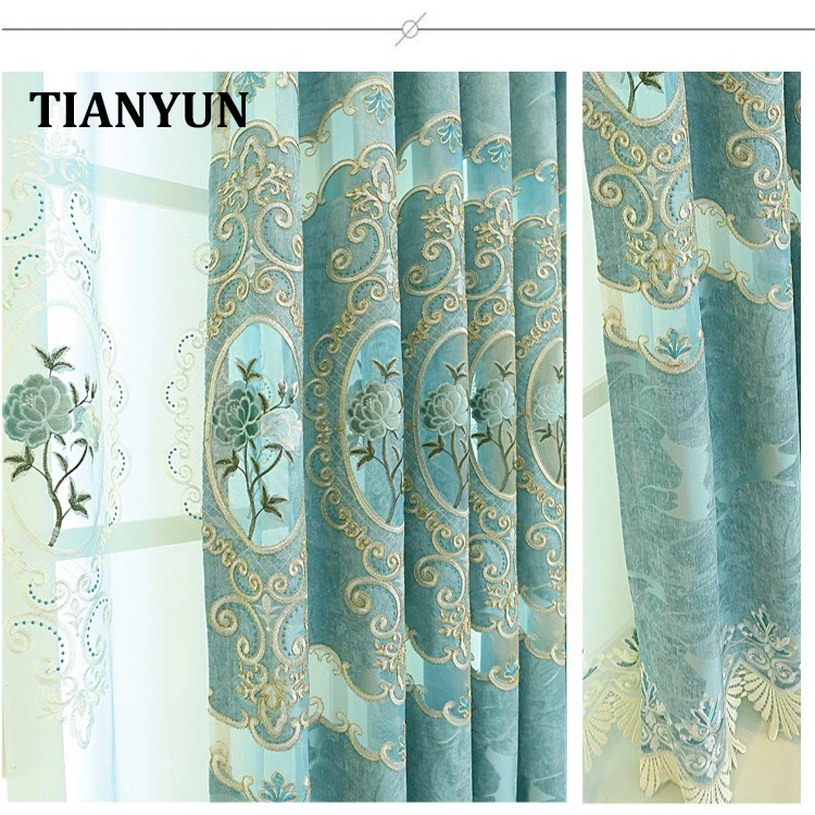 Living Room Curtain Embroidered Blue Luxury European Curtain With Valance Designs House Home Office Decoration