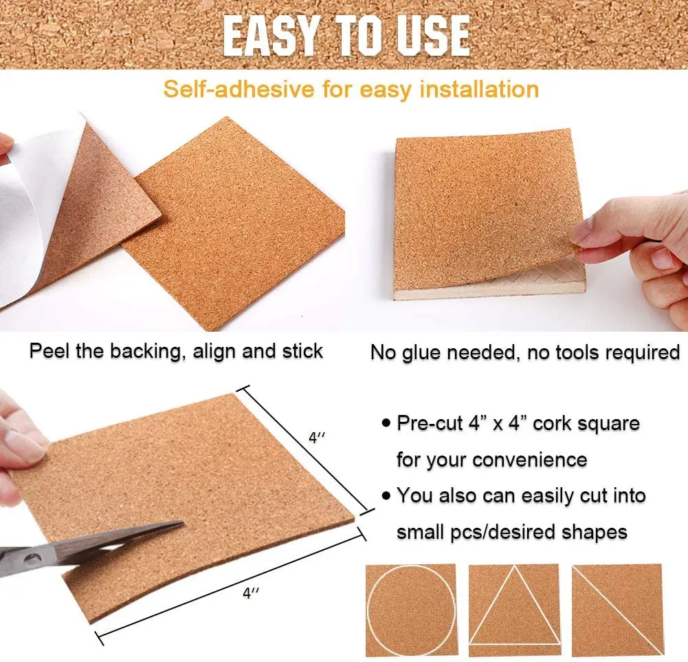 4 Inch Self Adhesive Cork Squares Cork Stick Sheets for Coasters and DIY Crafts Board Backing Sheets Mini Wall Soft Wood Tile