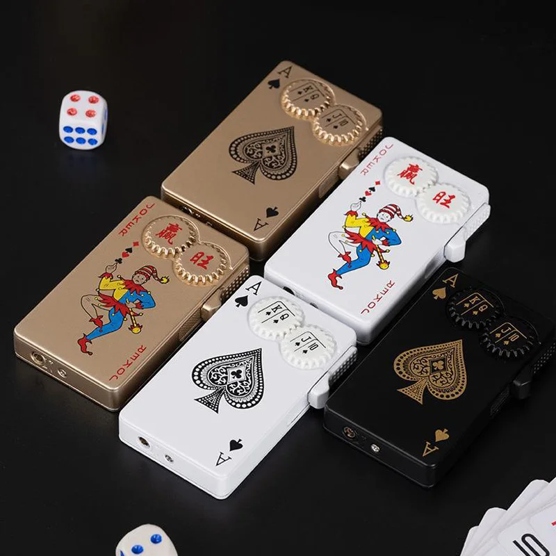 Metal Windproof Poker Green Flame Smoking Lighter Luminous Rotatable Gear Ace Joker Card Lighter