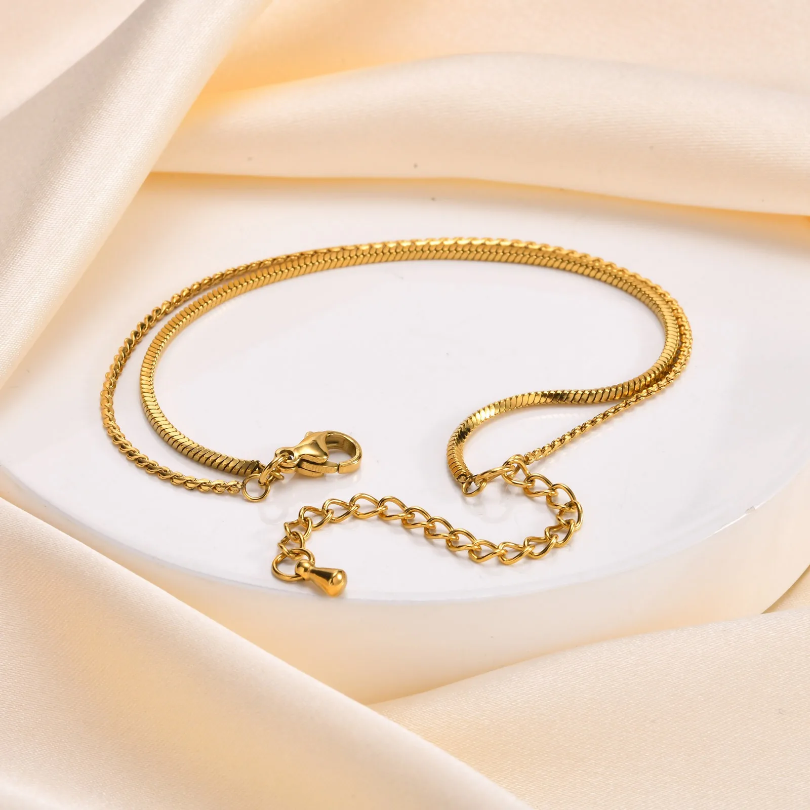 Wholesale European And American Gold Jewelry Stainless Steel S Chain Square Snake Chain Double Layer Bracelet