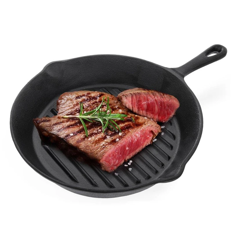Pre-seasoned cast iron round cookware grill pan with ribs