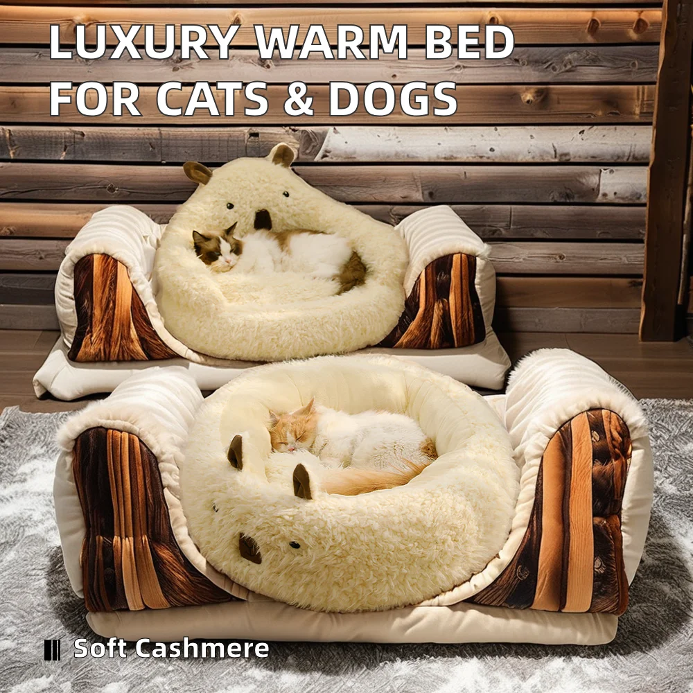 Funny Fuzzy Plush Dog Cat Pet Sofa Luxury Wood Single Kangaroo Beds Two Mattresses Breathable Small Bamboo Winter Warm Bed Box