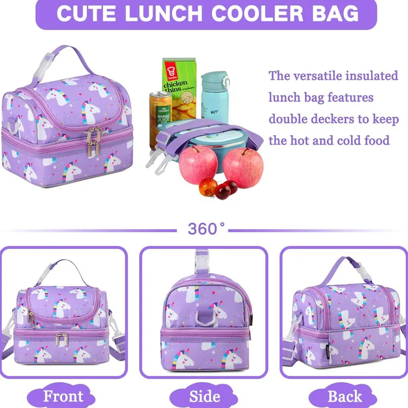 Сумка-тоут для еды для мальчиков и девочек, изолированные мини-кулеры с двумя отделениями, школьный Ланч-бокс с единорогом