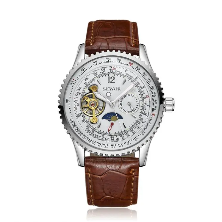 SEWOR 625 Luxury Stylish Men Mechanical Watch Vive Leather Strap Flying Tourbillon Watch Moon Phase 24 Hour Business Wrist Watch
