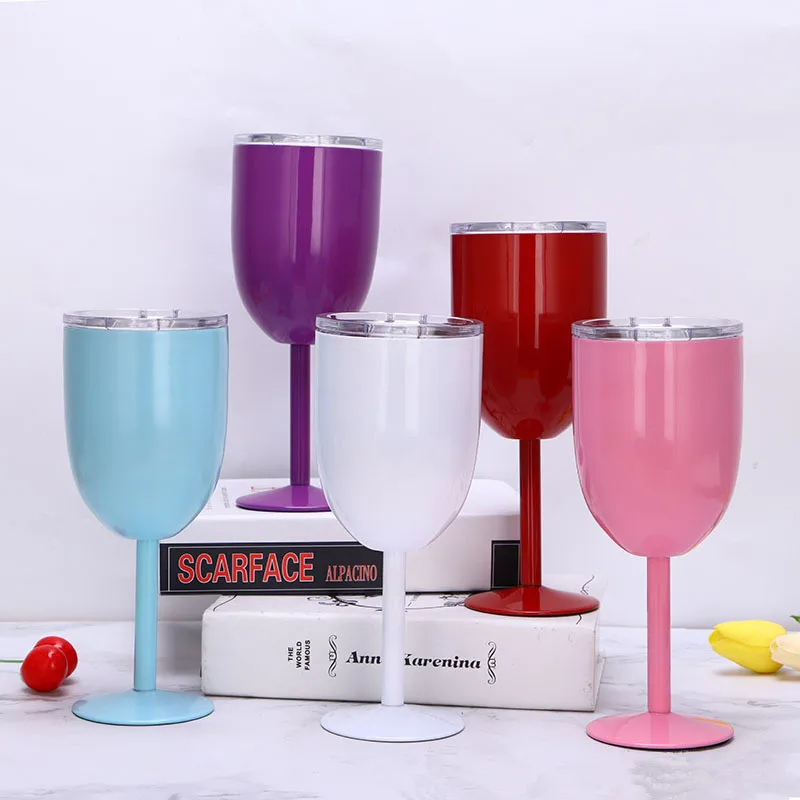 Double Wall Stem glass 304 Stainless Steel Metal 10OZ Silver Wine Glass Colored Wine Goblet with Lid