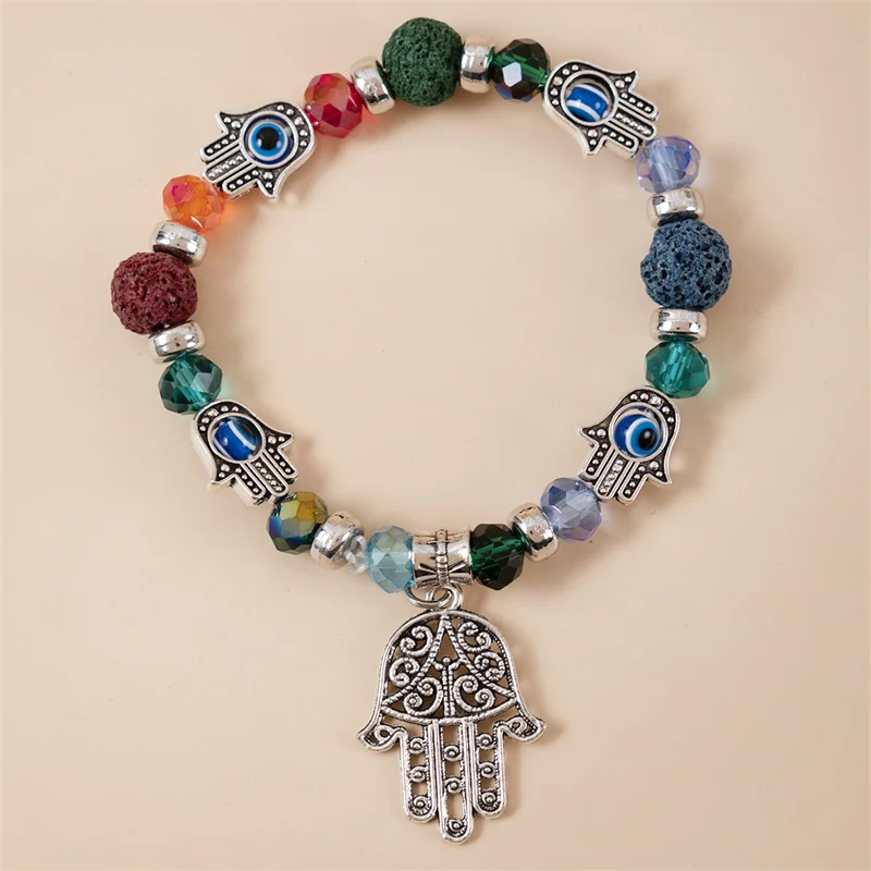 Hot Sale Evil Eye Many kinds of colors Blue Eye Hand Of Fatima Hamsa Hand with Evil Eye Lava Stone and Alloy Bracelet